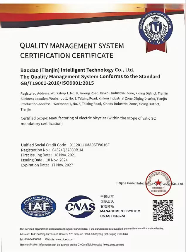 BODO electric bicycle ISO9001 certification certificate
