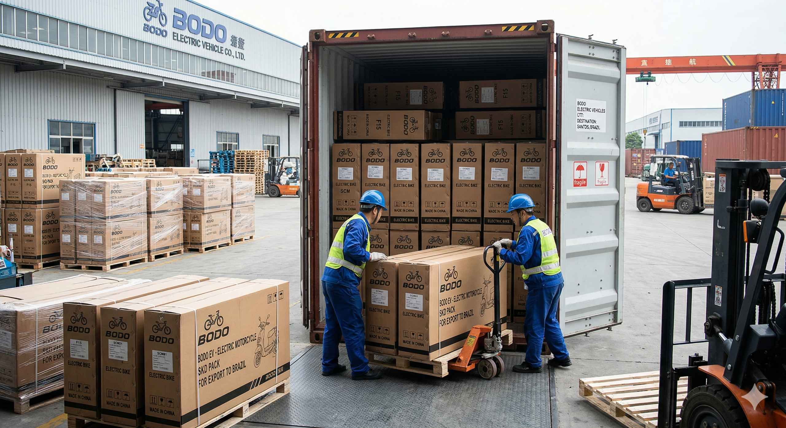 صور لعملية تحميل حاويات مركبات "بودو" الكهربائية.