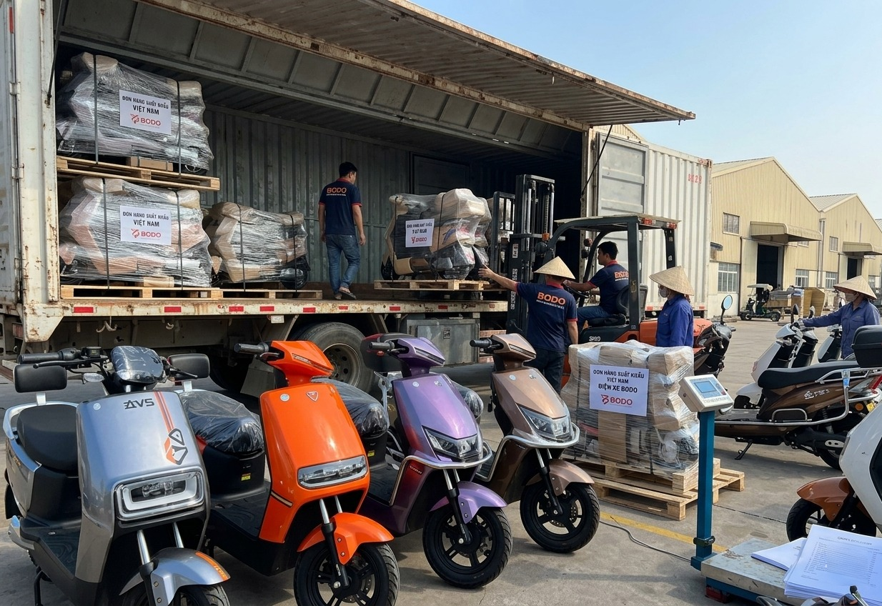 A scene at a Vietnamese cargo port where Bodo-brand electric vehicles are being unloaded.